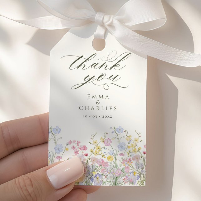 Étiquettes-cadeau Elegant Calligraphy Boho Wildflowers Wedding (Créateur téléchargé)