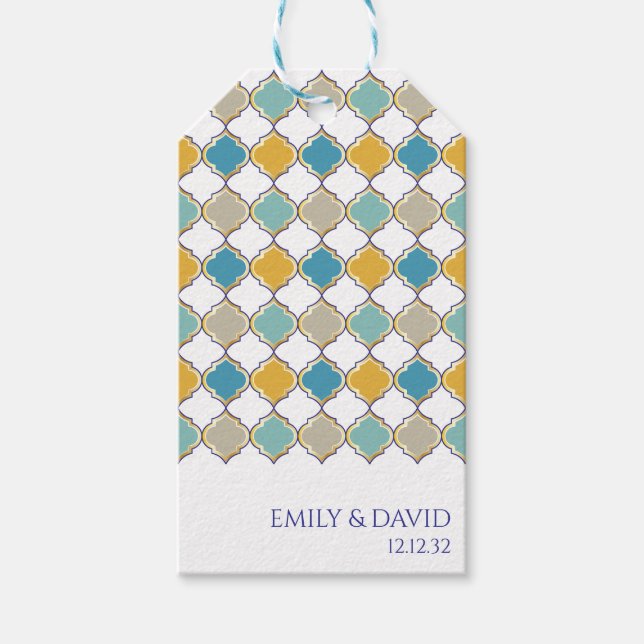 Étiquettes-cadeau Elégant carrelage marocain Mariage bleu jaune (Devant)