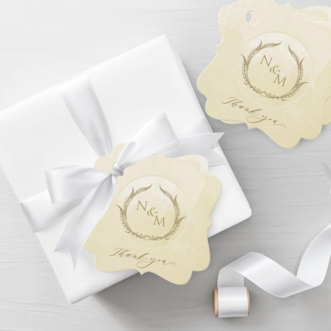 Étiquettes Cadeau Elégant Champagne Aquarelle Monogramme Mariage Fav (Créateur téléchargé)