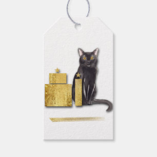 Étiquettes-cadeau Élégant chat noir avec cadeaux d'or du chat