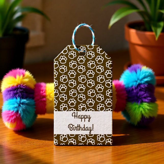 Étiquettes-cadeau Elégant chien patte animal customisé brun (Happy Birthday Paw Prints Warm Brown Pet Lover Gift Tags)