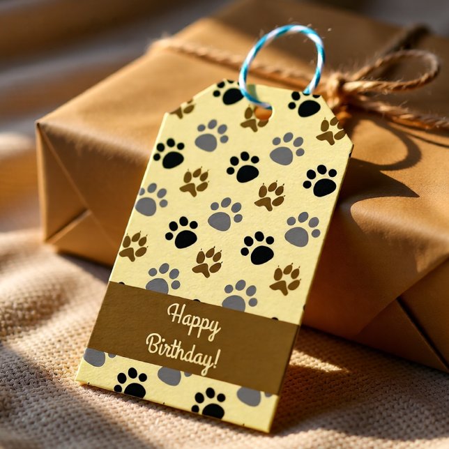 Étiquettes-cadeau Elégant chien patte animal de compagnie crème cust (Neutral Brown Dog Paw Print Pattern for Pet Lovers Gift Tags)