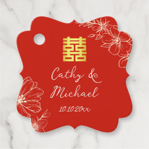 Étiquettes Cadeau Élégant chinois moderne script floral mariage roug
