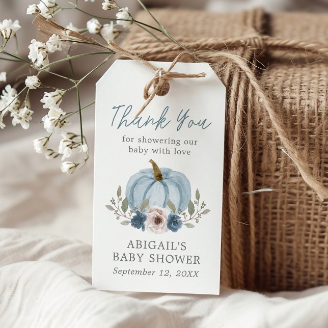 Étiquettes-cadeau Elégant Citrouille Aquarelle Baby shower Bleu Favo (Créateur téléchargé)