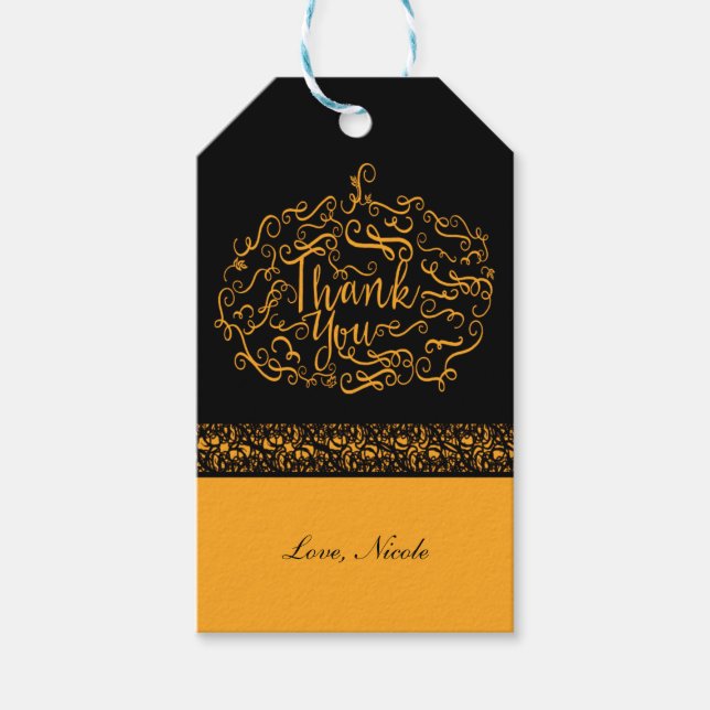 Étiquettes-cadeau Élégant Citrouille Noir & Orange D'automne Merci (Devant)