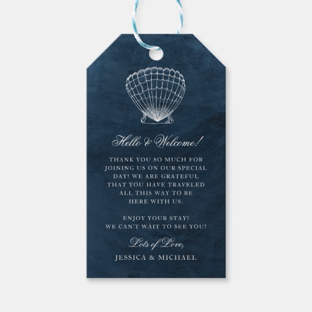Étiquettes-cadeau Elégant Classy Navy Seashell Beach Mariage Bienven (Devant)