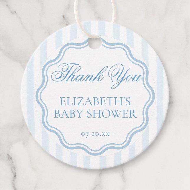 Étiquettes Cadeau Elegant Coastal Blue Stripe Wavy Script Thank You (Devant)