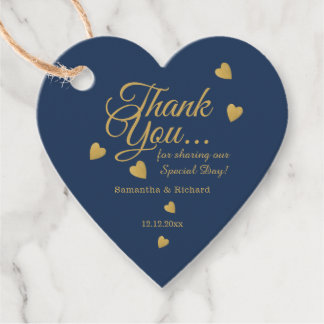 Étiquettes Cadeau Élégant Cœur de remerciement de mariage Bleu et Or