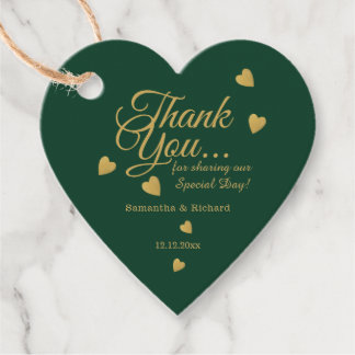 Étiquettes Cadeau Élégant Cœur de remerciement de mariage vert et or