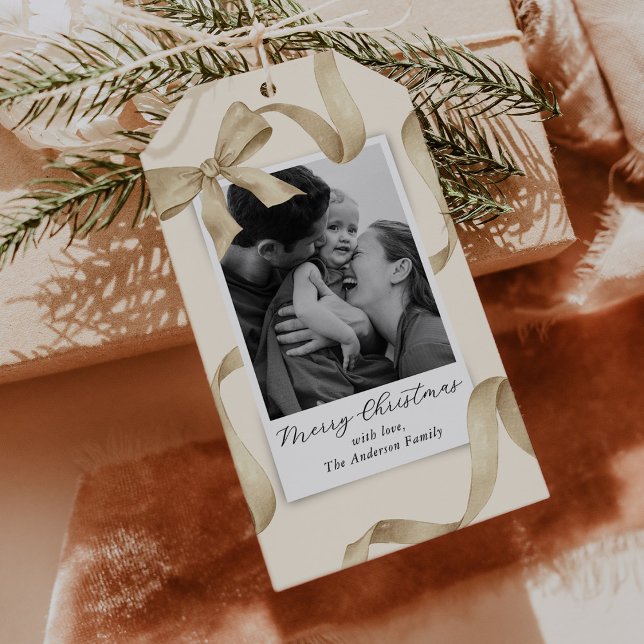 Étiquettes-cadeau Elegant Cream Gold Bow Photo Holiday (Créateur téléchargé)