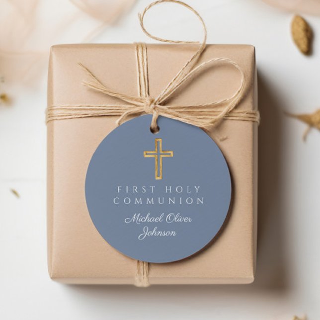 Étiquettes Cadeau Elégant Croix Bleue Garçon Première communion rond (Créateur téléchargé)