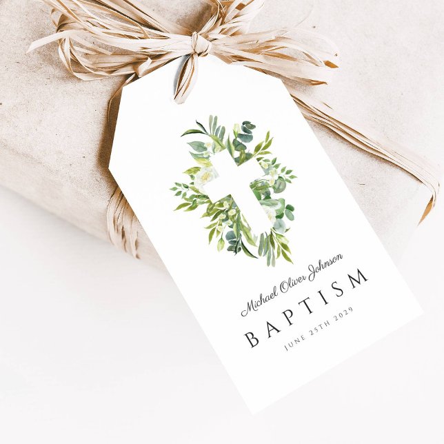 Étiquettes-cadeau Élégant Croix Religieuse Botanique Baptême (Elegant Botanical Religious Cross Baptism Gift Tags)