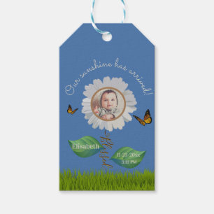 Étiquettes-cadeau Elégant Daisy Blue Floral Cute Baby Photo & Nom