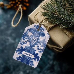 Étiquettes-cadeau Élégant damassé Bleu toile de jouy monogramme