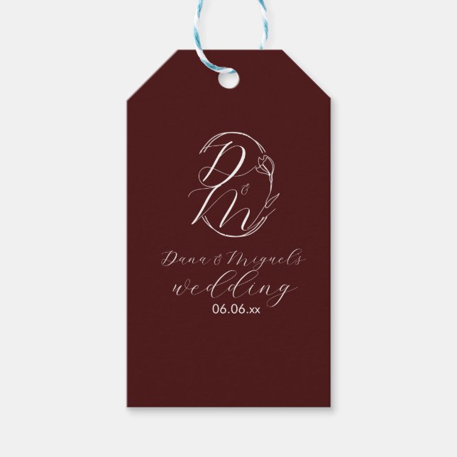 Étiquettes-cadeau Elegant Delicate Floral Wedding Logo Deep Burgundy (Devant)