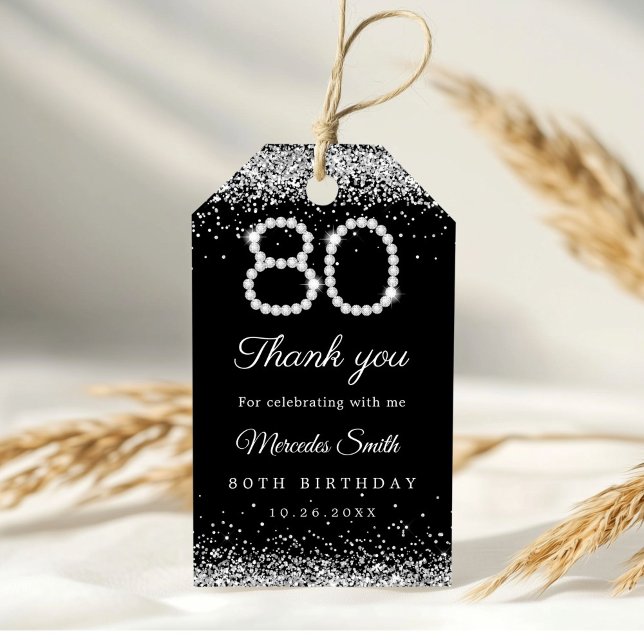 Étiquettes-cadeau Elégant Diamants 80e anniversaire Merci de fête (Diamonds 80th Birthday Thank you gift tag)