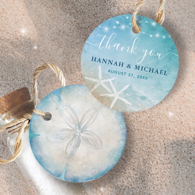 Étiquettes Cadeau Elégant Dollar de sable Merci plage mariage (Personalized beach sand dollar favor tags to share your love and thanks.)