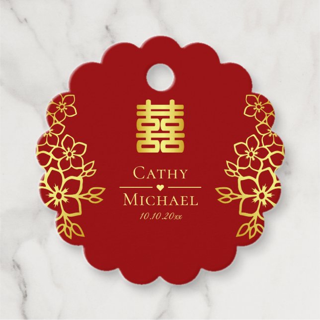 Étiquettes Cadeau Élégant double bonheur chinois mariage floral (Devant)