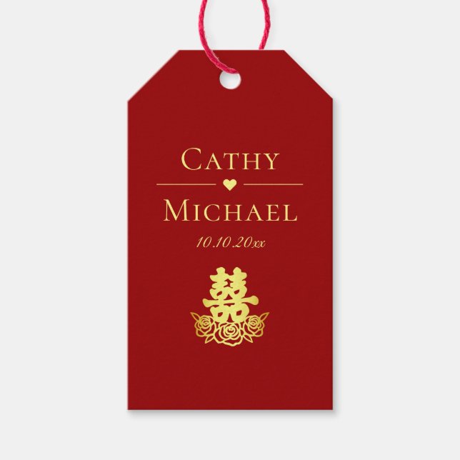 Étiquettes-cadeau Élégant double bonheur rose chinois mariage rouge (Devant)