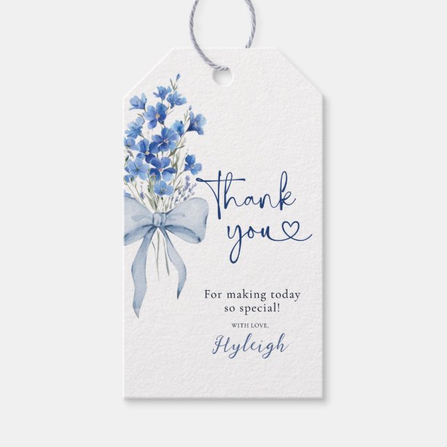 Étiquettes-cadeau Élégant Dusty Blue Floral Ribbon Merci nuptial (Devant)