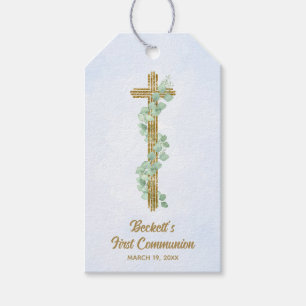 Étiquettes-cadeau Elégant Eucalyptus et Croix Bleue Première Communi