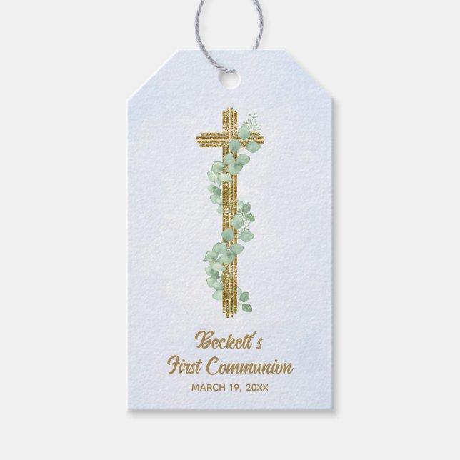 Étiquettes-cadeau Elégant Eucalyptus et Croix Bleue Première Communi (Devant)