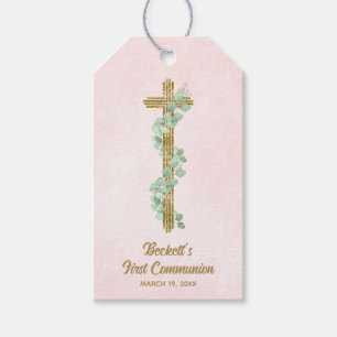 Étiquettes-cadeau Élégant Eucalyptus et première communion rose croi