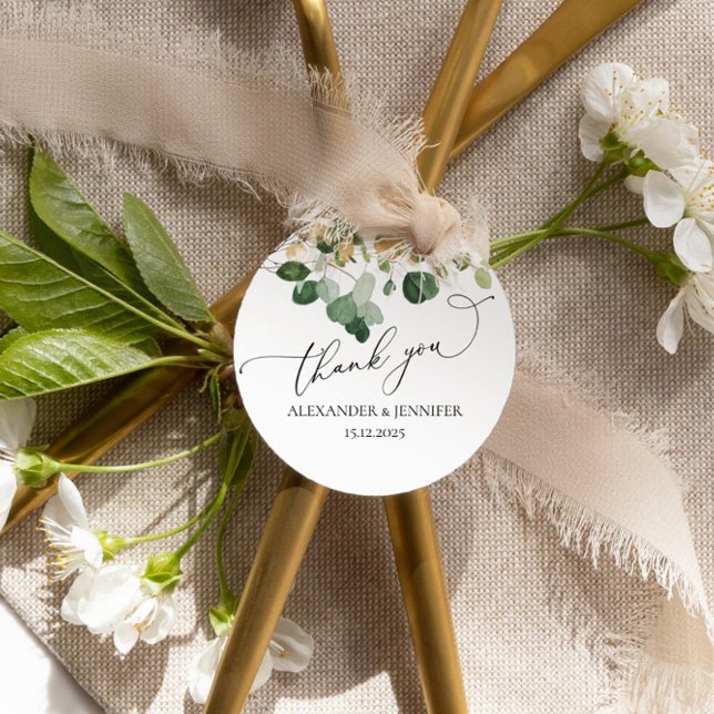 Étiquettes Cadeau Elégant Eucalyptus Vert feuille or Mariage Clas (Créateur téléchargé)