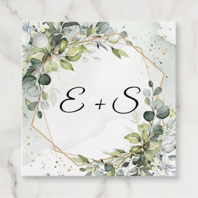 Étiquettes Cadeau Élégant eucalyptus vert initiales mariage (Devant)