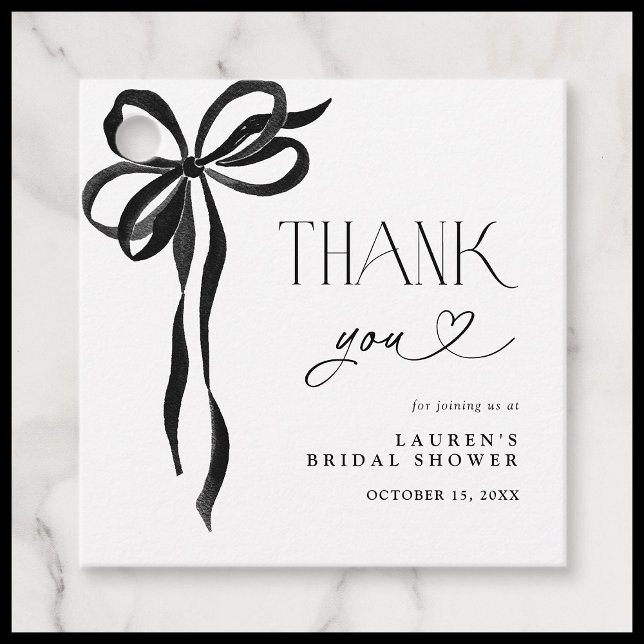 Étiquettes Cadeau Élégant Fête des mariées noir Bow Merci de script (Créateur téléchargé)