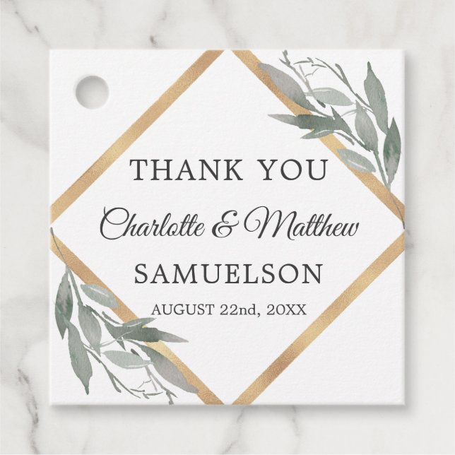 Étiquettes Cadeau Élégant Feuille Botanique Mariage or MERCI (Devant)
