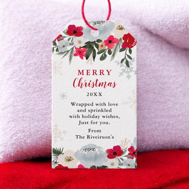 Étiquettes-cadeau Élégant flocon de neige floral rouge et vert de No (Elegant Red Green floral snowflake Christmas Gift Tags)