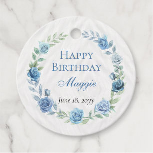 Étiquettes Cadeau Elégant Floral Bleu Joyeux anniversaire