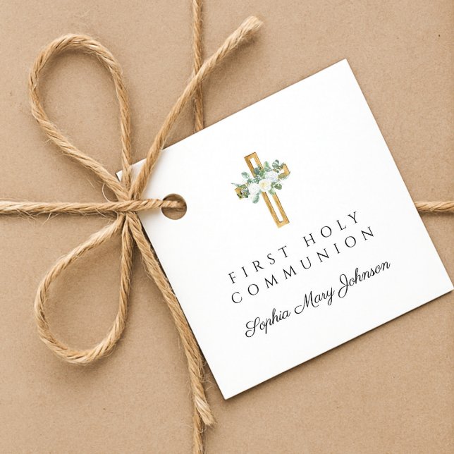 Étiquettes Cadeau Elegant Floral Cross Girl First Holy Communion (Elegant Floral Cross Girl First Holy Communion Favor Tags)