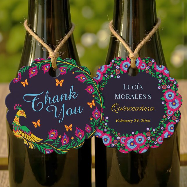 Étiquettes Cadeau Elégant Floral Peacock Folk Art Fiesta Quinceanera (Créateur téléchargé)