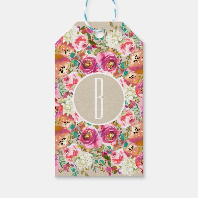 Étiquettes-cadeau Elégant Floral Rustique Kraft Monogramme Mariage F (Devant)