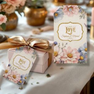 Étiquettes-cadeau Élégant Floral Vintage Rose Bleu et Or Aquarelle