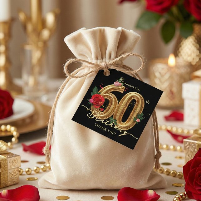 Étiquettes Cadeau Elegant Gold 60th Birthday Red Pink Rose Black (Créateur téléchargé)