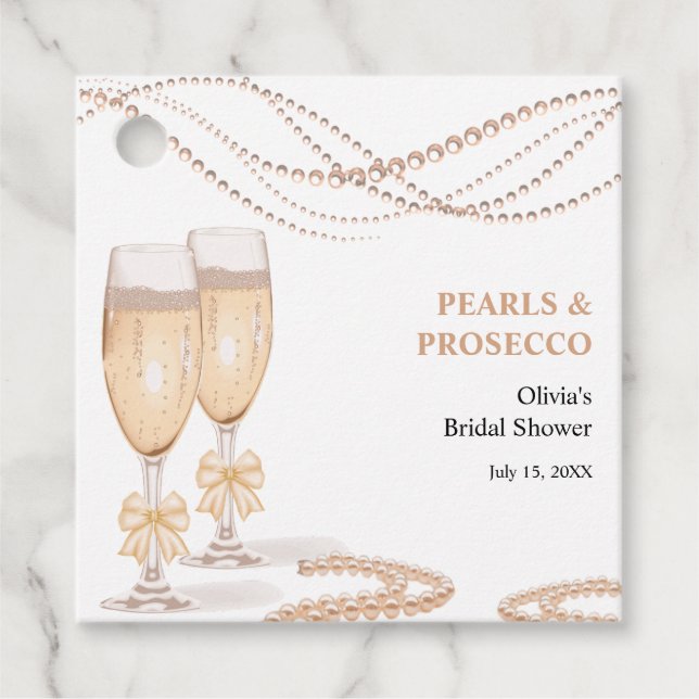 Étiquettes Cadeau Elegant Gold Bow Pearls and Prosecco Bridal Shower (Devant)
