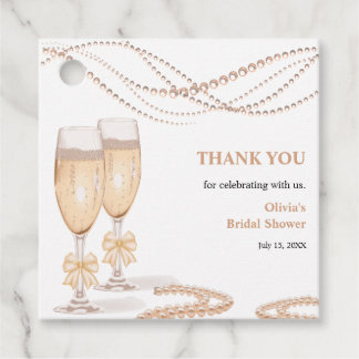 Étiquettes Cadeau Elegant Gold Bow Pearls and Prosecco Bridal Shower