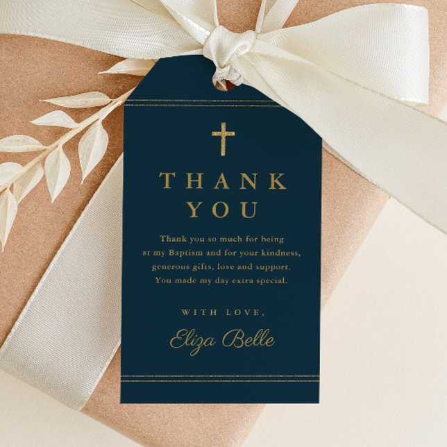Étiquettes-cadeau Elégant Gold Cross Boys Baptism Merci Favoriser (Elegant gold cross navy blue boys baptism thank you favor tag.)