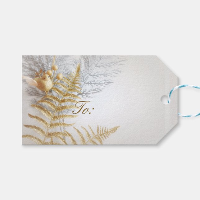 Étiquettes-cadeau Elégant Gold et Silver Bird et Feuille Festif (Devant (Horizontal))