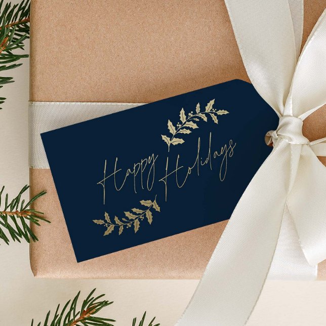 Étiquettes-cadeau Élégant Gold Holly Branches Noël (Gold and Navy Blue Happy Holidays Script Gift Tags.)