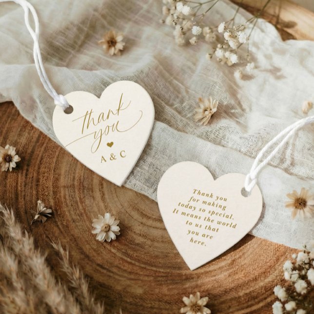 Étiquettes Cadeau Elegant Gold & Ivory Heart Wedding Thank You (Heart shaped cream and gold wedding favor tag with elegant script thank you)