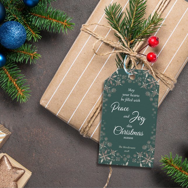 Étiquettes-cadeau Élégant Gold Snowflakes Peace Joy Green (Créateur téléchargé)