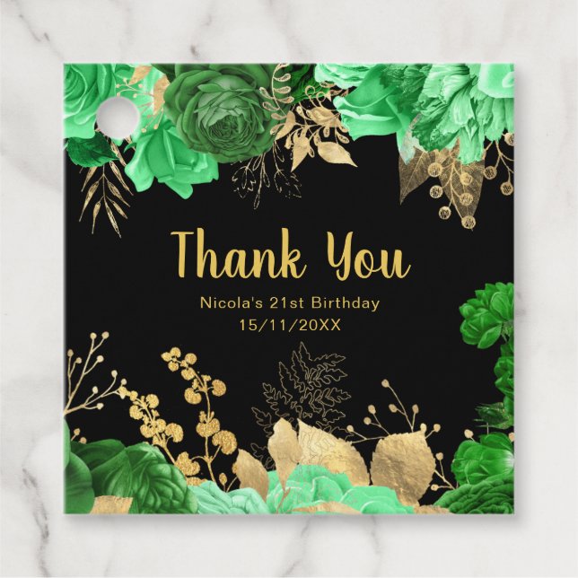 Étiquettes Cadeau Elegant Green and Gold Flowers Birthday Party  (Devant)