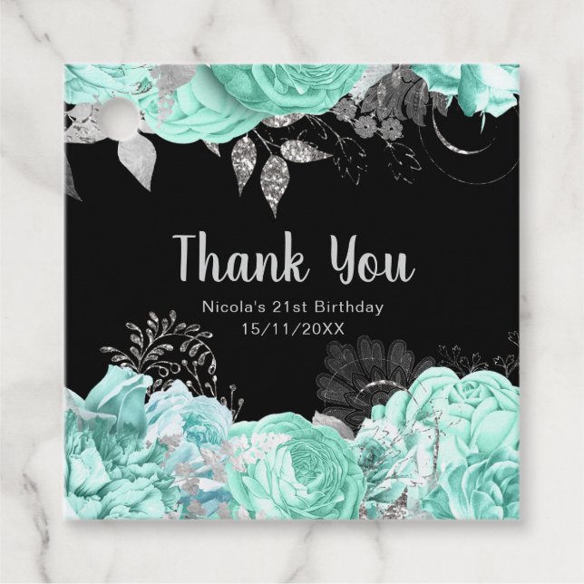 Étiquettes Cadeau Elegant Green and Silver Flowers Birthday Party (Devant)