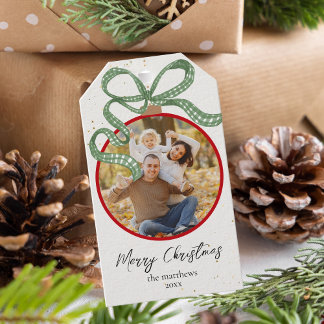 Étiquettes-cadeau Elegant Green Ribbon Photo Christmas