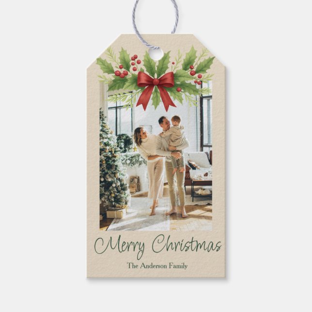 Étiquettes-cadeau Elegant Holly & Red Bow Noël - (Devant)