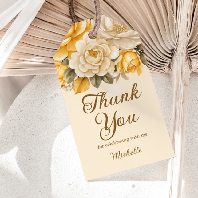 Étiquettes-cadeau Élégant Jaune Ivoire Crème Fleurs Anniversaire (Yellow and cream-colored watercolor floral birthday party "Thank you" gift tag)